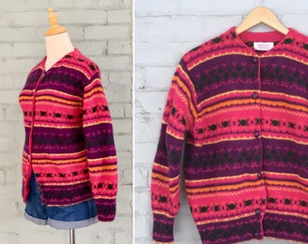 1980s Benetton cardigan / 80s wool cardigan / 1980s bright pink sweater / 1980s Fair Isle sweater