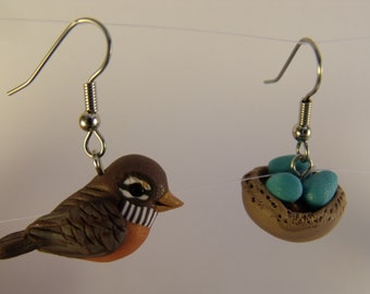 Handmade Polymer Clay Robin and nest with 3 eggs Earrings