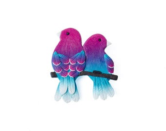 Pair of birds brooch pin Two birds Pink brooch Purple pin Bird badge Birds on a branch Birdie jewelry Polymer clay brooch Pin up brooch