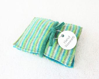 Pocket Hand Warmers Wool TURQUOISE & LIME Striped Eco Friendly Portable Heat Handwarmers by WormeWoole