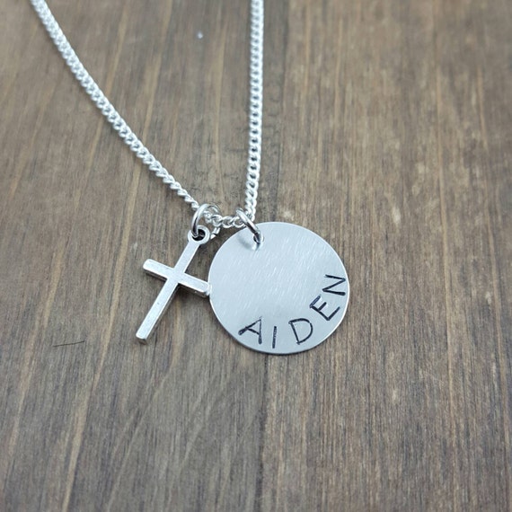 Personalized Cross Necklace Handstamped Little Girl Name