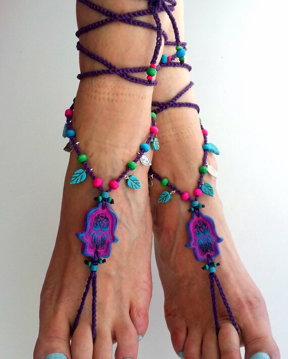 Boho Barefoot Sandals Hippie Sandals Hamsa Purple Hippy Gypsy 