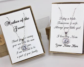 Mother of the Groom Gift Mother of the Bride Gift Cubic Zirconia Sterling Silver Round Crystal Necklace Wedding Gift FREE Personalized Card!