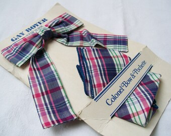 Vintage Gay Boyer New York Bow TIE & POCKET SQUARE Clip On Pochette Cotton Plaid Women’s Accessory New on Card