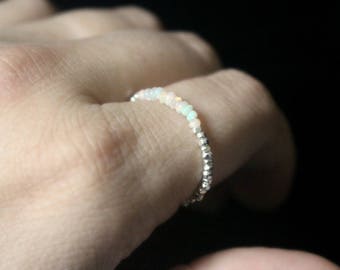 Ethiopian Opal Ring, Natural Opal Ring, Genuine Opal Ring, Beaded Silver Ring, Thin Dainty Silver Ring, Silver Rainbow Stacking Ring