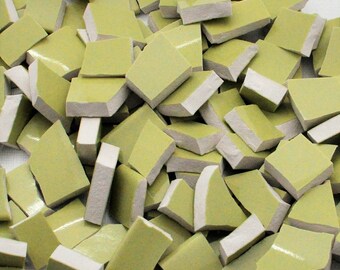 150 Broken China Mosaic Tiles - Solid Apple Green - Smooth Tiles -