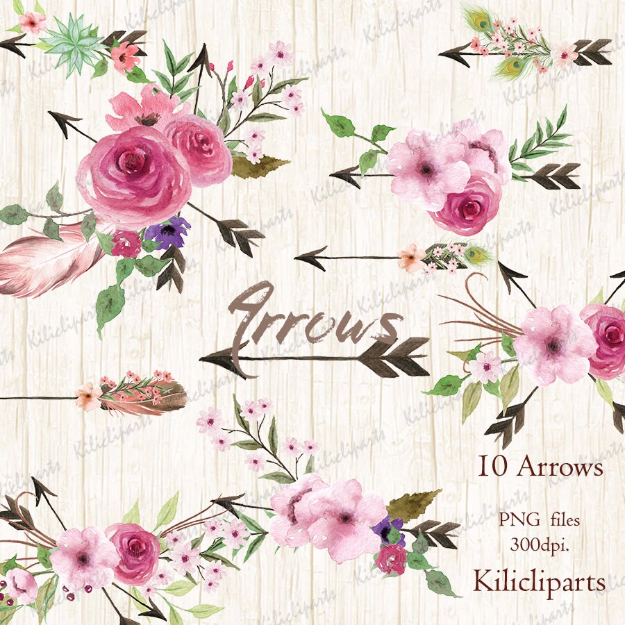 Arrows Watercolor Clipart. 10 Hand painted arrows feathers