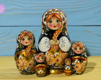 Russian nesting doll, Mothers day gift idea, Matryoshka, Gift for woman, Babushka in black white and gold, Wooden hand painted stacking doll