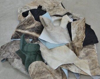Scrap hair on cowhide 1 pound brindle natural black brown speckled tricolor 10938