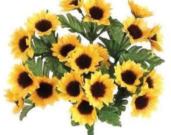 Mini Silk Sunflower Bush in Yellow Gold - 10.25" Tall, Mini silk sunflower bush in yellow gold.