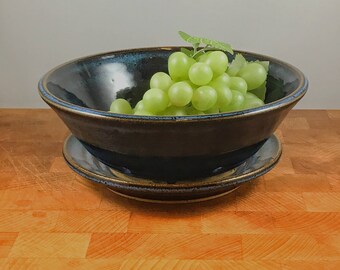 Mottled Blue - Pottery Berry Bowl With Drainage Plate - 7" - Handmade- Wheel Thrown - Stoneware - Ceramic - colander- berry washing bowl