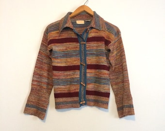 Vintage 70s Space Dye Spacedye Sweater / Hippie Cardigan Toggle Sweater / Blue Red Bohemian Sweater