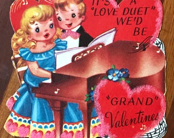 Grand Piano Vintage Valentine Card Love Duet Boy and Girl