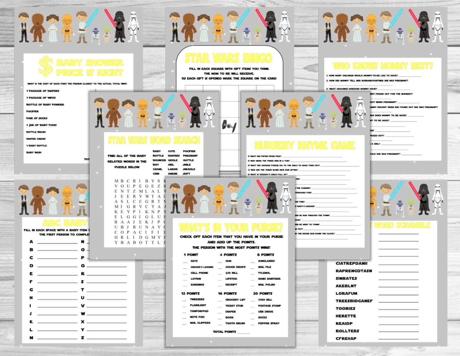Star wars Baby shower games set of 8 games gray and yellow