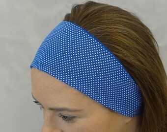 Reversible headband, white polka on blue, handmade in Scotland- soft, stretch fabric, patterned headband, girls headband, headband for women