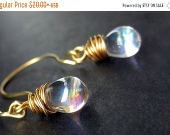 SUMMER SALE Clear Glass Teardrop Earrings, Gold Wire Wrapped. Handmade Jewelry by Gilliauna