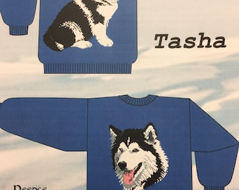 Knitting Sweater Pattern for Crew Neck sweater with Malamute Dog design