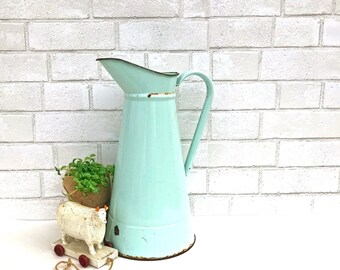 Large Enamel WATER PITCHER | Mint Green Antique Enamelware Jug | Jadite Green Milk Jug | Tall Enameled Water Pitcher | French Farmhouse