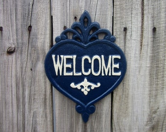 Welcome Sign, Cast Iron, Painted, Navy Blue, Ivory, Welcome Plaque, Home Welcome Sign, Ornate Welcome Plaque, Indoor, Outdoor, Welcome