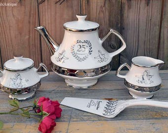 Set of Vintage Gibsons Staffordshire England '25th Anniversary' Retro Teapot, Sugar Bowl, Creamer and H.Aynsley &Co Ltd Ironstone Cake Knife