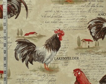 Rooster toile fabric country chicken French writing interior home decorating material 1 yard