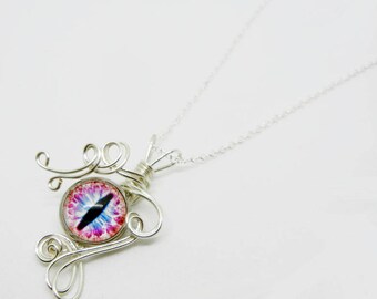 Glass Dragon Eye Pendant - Wire Wrap Dreamweaver Eyeball with 22 inch Sterling Silver Necklace