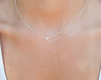 Cubic zirconia solitaire - floating cz - gold necklace - cz necklace - cubic zirconia - silver necklace - choker - boho - minimal - E30002