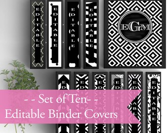 Set of 10-Monogram Binder Covers- Black and White- Personalized Binder Inserts and Spines (8.5x11in)- Printable Binder Covers-Editable