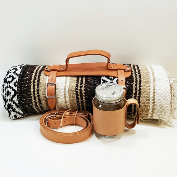 Handmade Leather Blanket Sling and Mason Jar Leather Sleeve