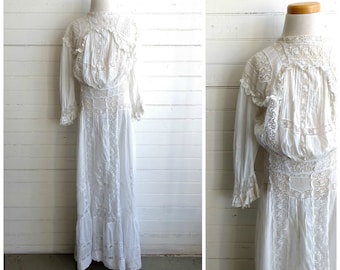Antique Edwardian lace tea dress, antique lace dress, xxs