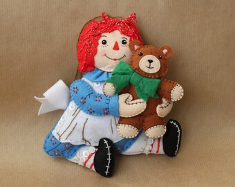 Raggedy Ann felt ornament, Felt doll with Teddy Bear