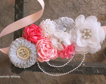 Silver Pink Maternity Sash, Girl Maternity Sash, Flower Sash, Baby Shower Sash, Belly Sash, RTS, Hot Pink, Light Pink, Pink, Silver, White