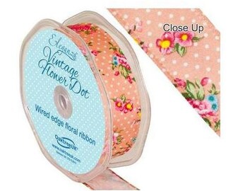 Vintage Flower Dot Classic Pink Wired Edge Ribbon 25mm x 10m Roll