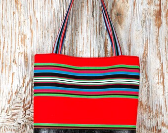 ON SALE - Black Faux Leather Tote Bag with Red Cotton Print - Ostrich look leather - Vegan Boho Chic Tote Bag
