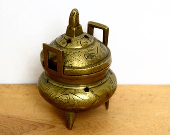 Vintage brass censer…Chinese brass incense burner...small etched brass incense burner...signed.