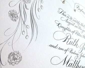 Quaker marriage certificate in calligraphy with illustrated border