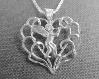 Sterling Silver Cherub Necklace, Filigree Heart Necklace, Vintage Musical Angel Necklace, 20" Chain