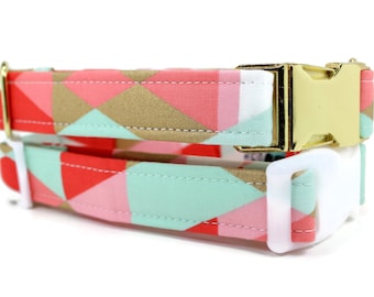 Girl Dog Collar | Pink Mint and Gold Dog Collar | Your choice of metal buckle or plastic buckle | Geometric Dog Collar | Girl Dog Collar