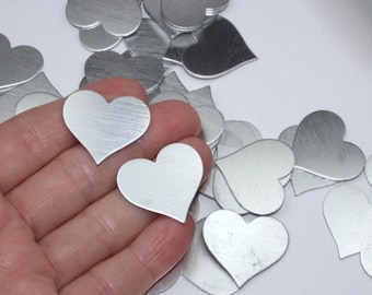Silver heart blanks (5) 1" brushed aluminum no-hole stamping blanks, solid silver grey metal hearts for crafts & jewelry, sold in sets of 5