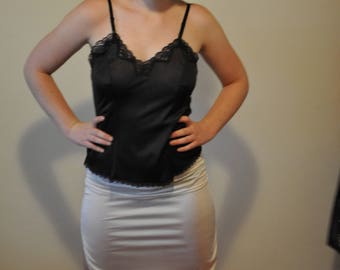 Vintage 1970s White Nylon Half Slip with Dual Side Slits and Lace Trim