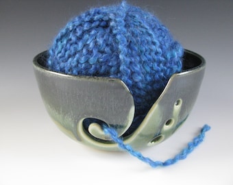 Ceramic Pottery Yarn Bowl Knitting Bowl in Midnight Blue and Spearmint Green