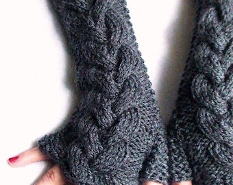 Fingerless Gloves/ Wrist Warmers Dark Grey Cabled , Extra Long and Soft