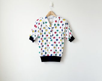 80s Polka Dot Jersey Top - 80s Top - 80s Shirt - 80s Clothing - 80s Blouse - Polka Dot Top - Polka Dot Blouse - 80s Polo Shirt - Women's L