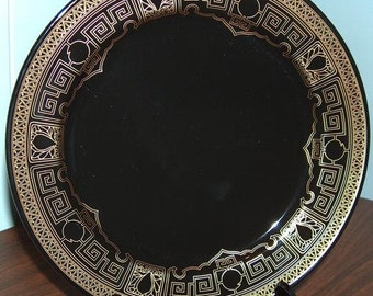 p7420: SHENANGO Dinner 10" Plate Black & Gold Vintage Restaurant Hotel Ware China Vintageway Furniture Dining Room Kitchen Serving Elegant