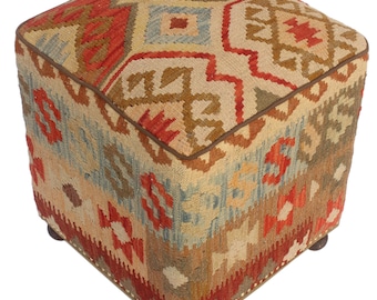 Aleta tan/rust kilim upholstered handmade ottoman(20"x15"x15")
