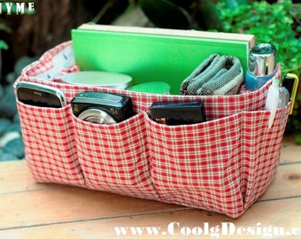 Hangbag Organizer Insert, Sturdy, Multi-Pocket-Red Plaid-Medium