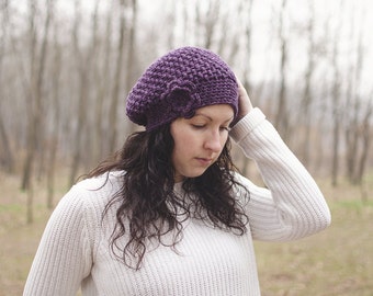 Crocheted Basque hat-mod. "Daphne"-Purple plum color