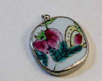Ming Pottery Shard and Silver Oval Pendant, 49x40mm, Pink, Yellow and Green Flowers, Wholesale