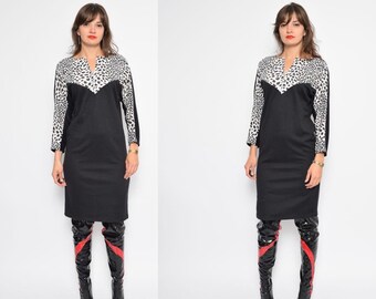 Vintage 80's Batwing Black Dalmantian Dress / Lace Up Cotton Dress / Long Sleeve Black Dress - Size Small