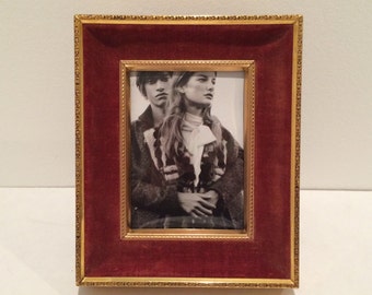 Vintage brass and velvet easel picture frame